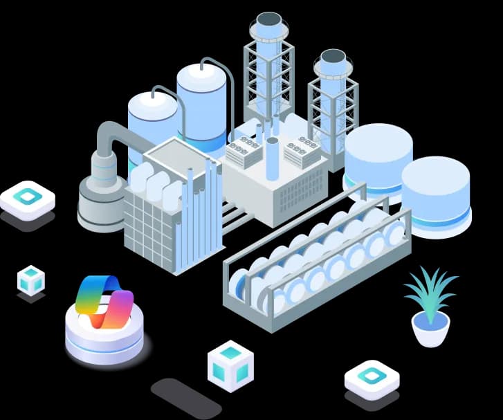 Illustration of a petrochemical plant with a Microsoft Copilot agent